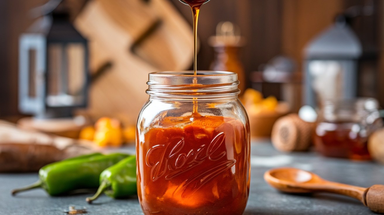 A jar of chipotle honey sauce surrounded by fresh peppers and honey, set in a rustic kitchen.
