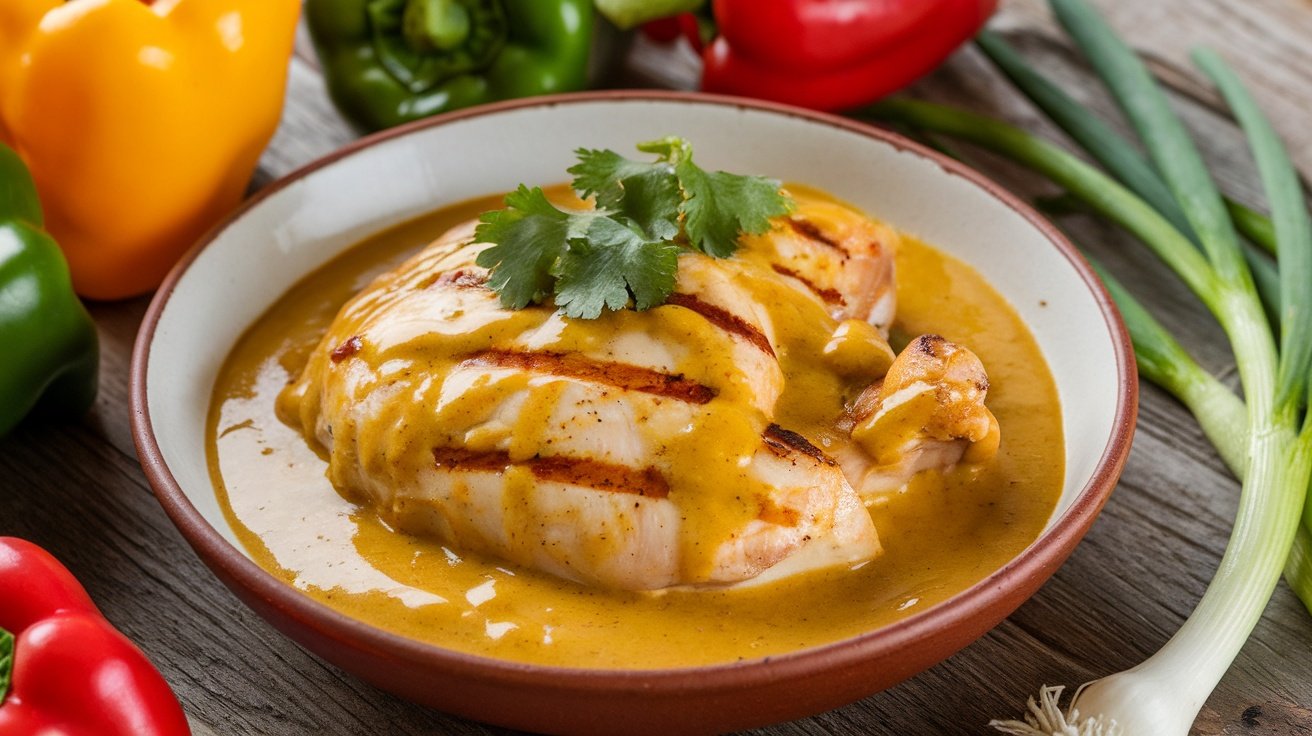 A bowl of coconut curry glaze drizzled over grilled chicken, garnished with cilantro and colorful vegetables.