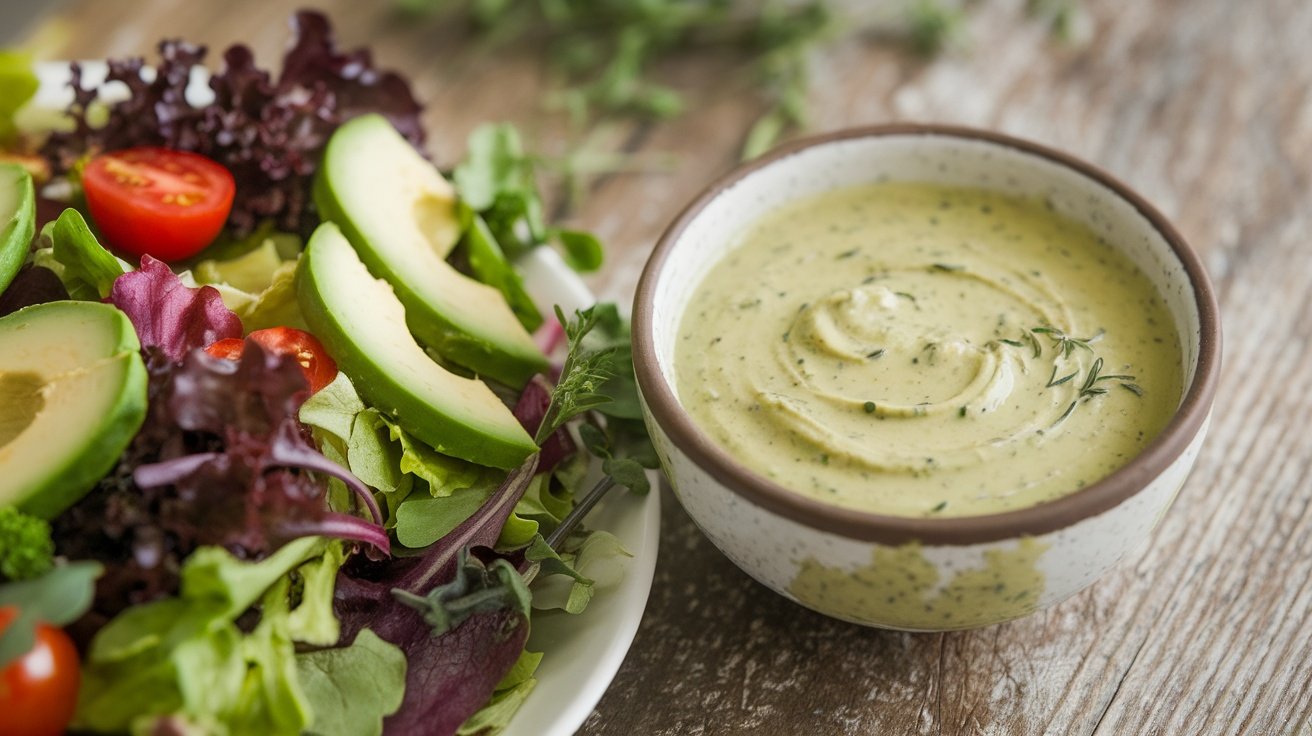 A zesty Dijon herb salad dressing in a bowl, drizzled over a colorful salad with greens, tomatoes, and avocado on a rustic table.