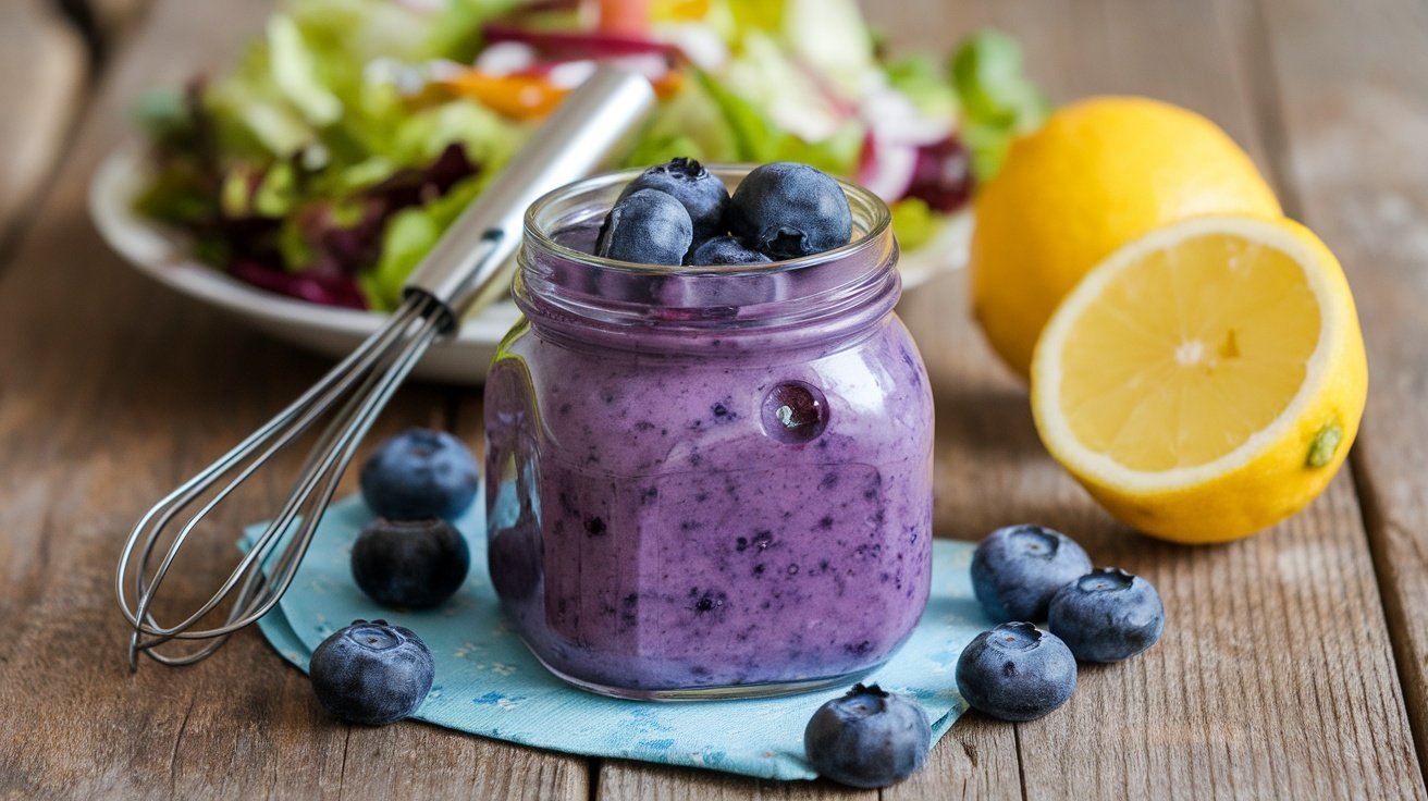 Jar of blueberry-lemon dressing with fresh blueberries and lemon, beside a colorful salad.