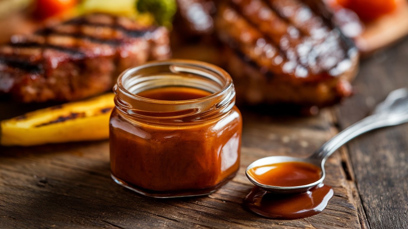 A jar of spicy maple chipotle glaze with a spoon, surrounded by grilled meats and vegetables.