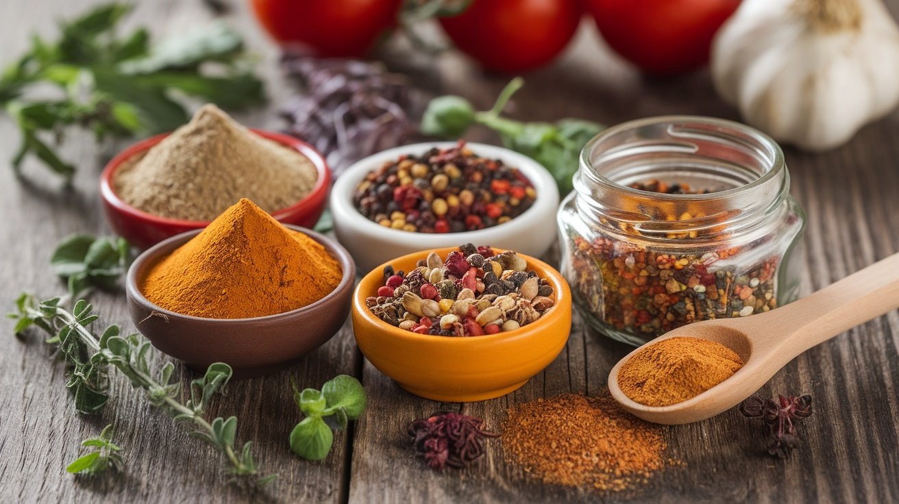 An assortment of Italian herbs and spices in bowls on a wooden table, showcasing the ingredients of a savory seasoning blend.
