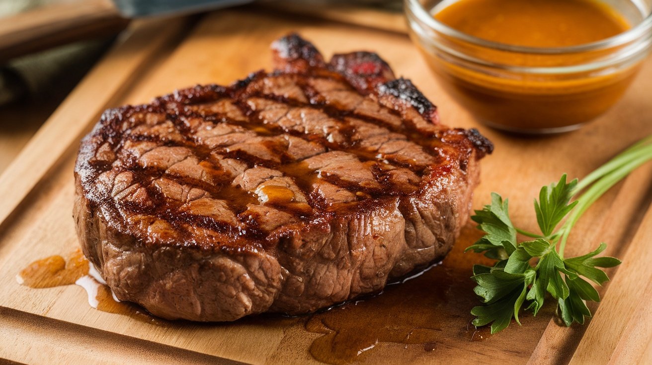 Grilled steak glazed with maple mustard on a wooden board, garnished with parsley.