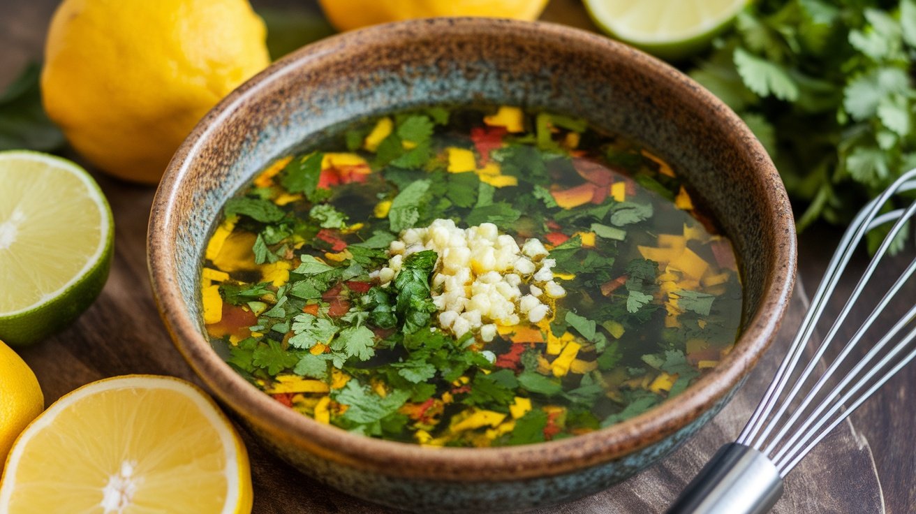 A bowl of citrus herb marinade with lemon and lime, garlic, and fresh herbs, ready for marinating.