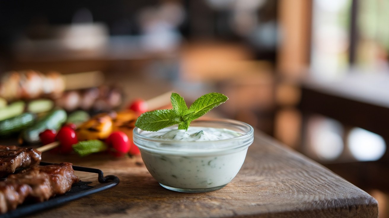 A bowl of mint yogurt sauce garnished with mint, served with grilled meats and vegetables.