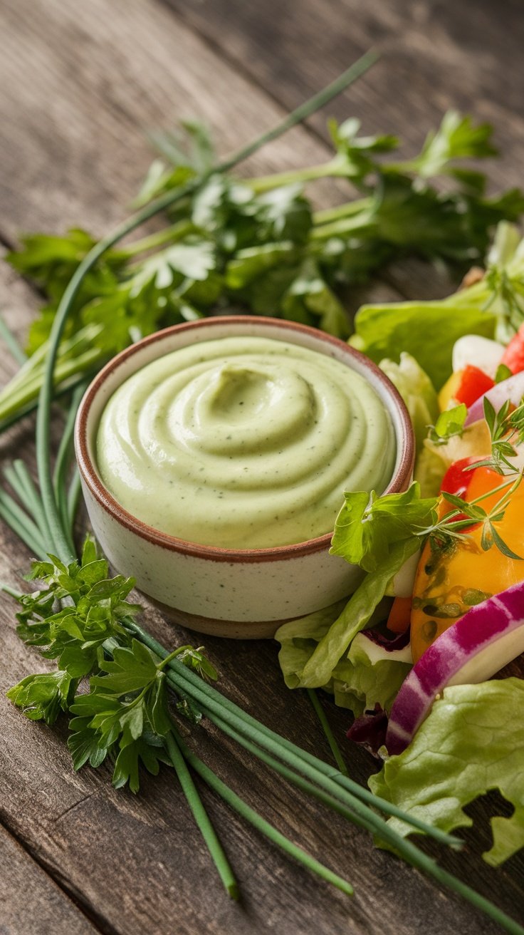 Creamy green goddess dressing in a bowl, surrounded by fresh herbs, with a vibrant salad in the background.