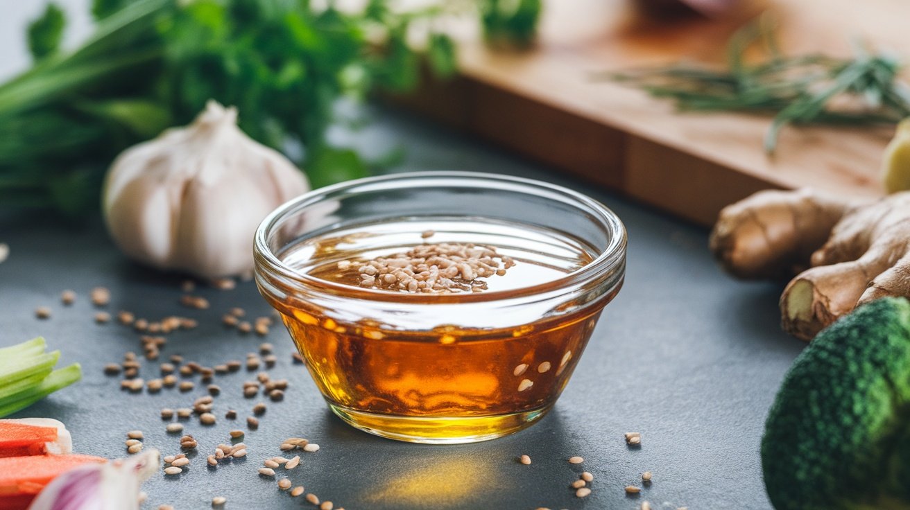 A bowl of sesame oil marinade with garlic and ginger, surrounded by fresh herbs and vegetables.