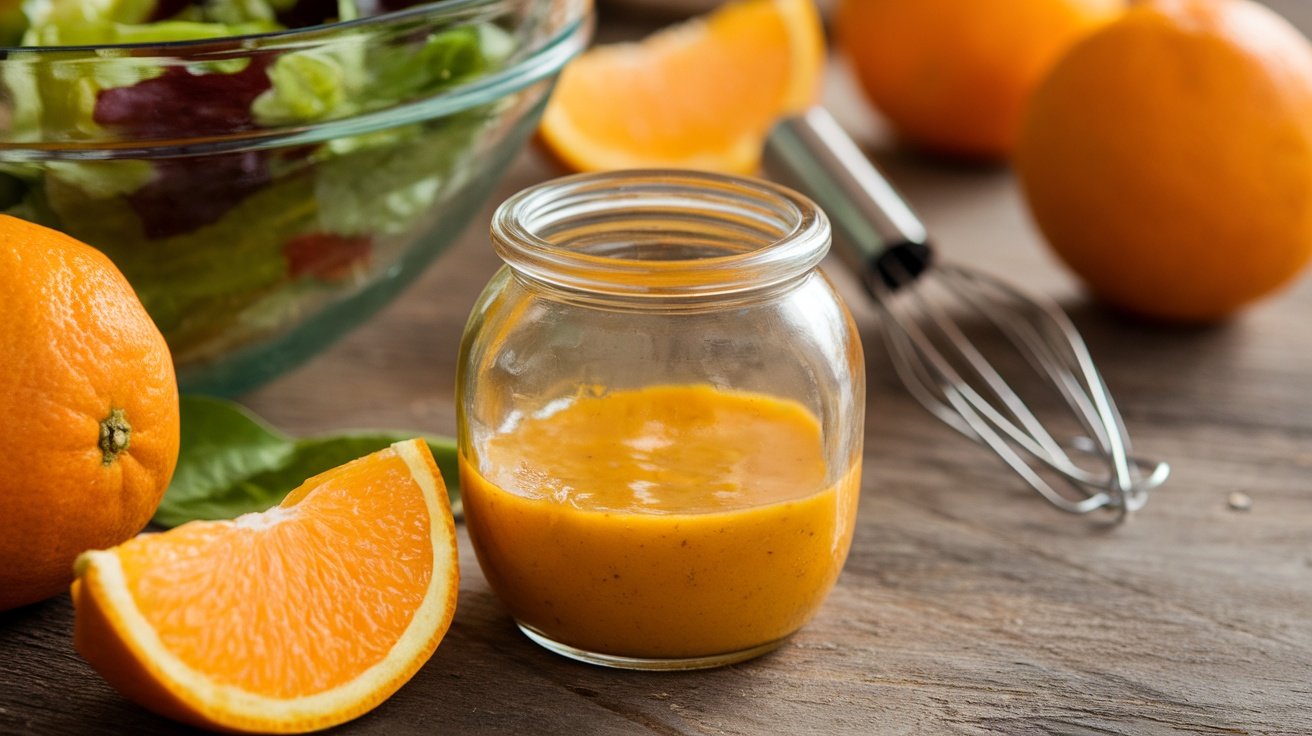 A glass jar of zesty orange citrus vinaigrette with fresh oranges on a wooden table.