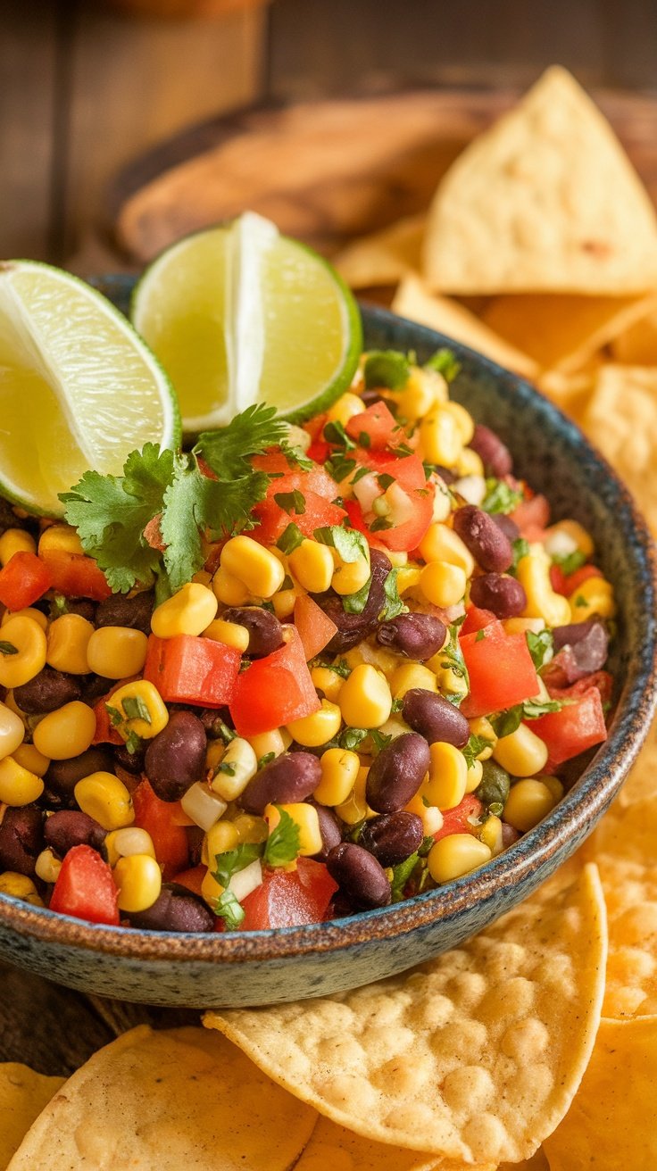 A bowl of zesty black bean and corn salsa with tortilla chips and lime wedges.