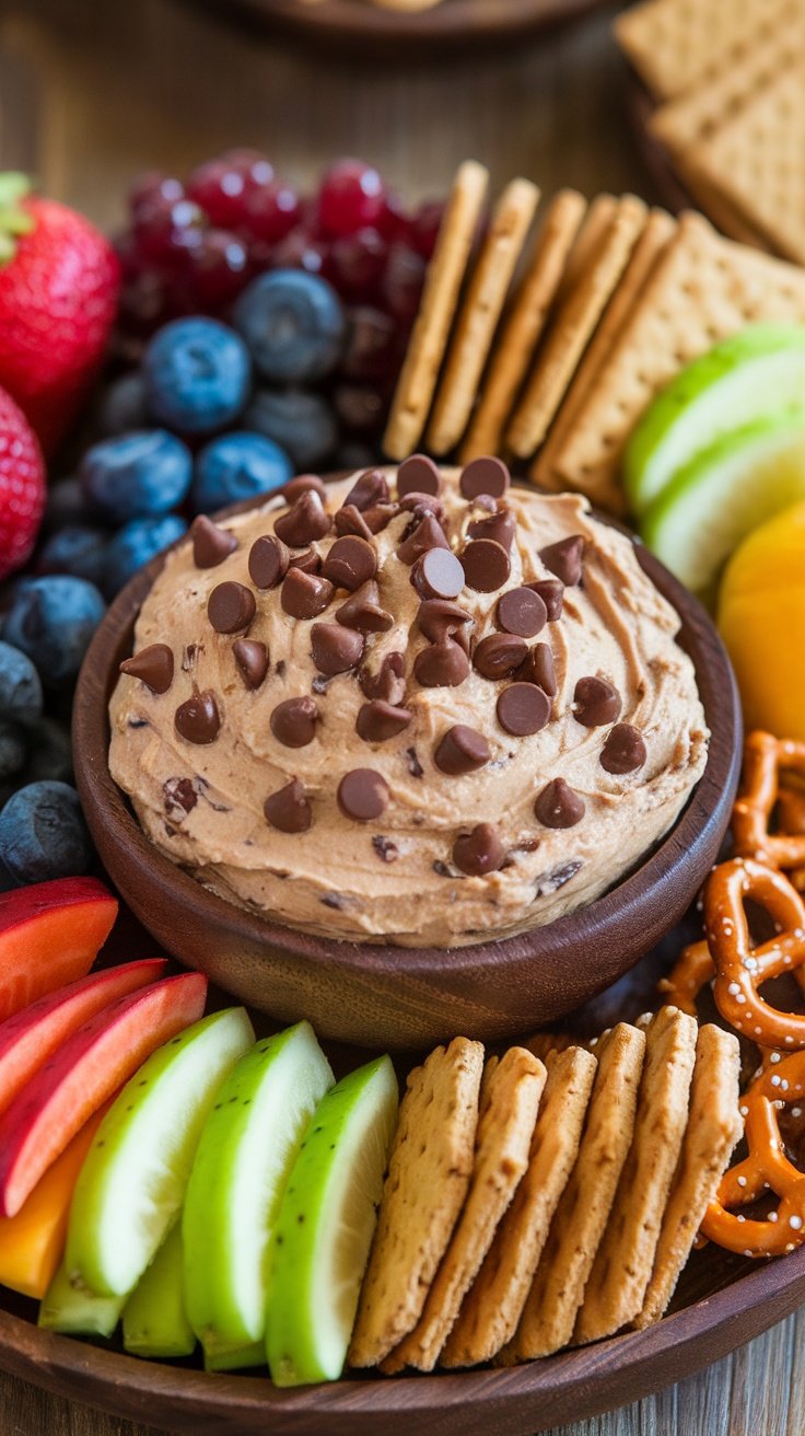 Chocolate chip cookie dough dip in a bowl with fruit and graham crackers for dipping.