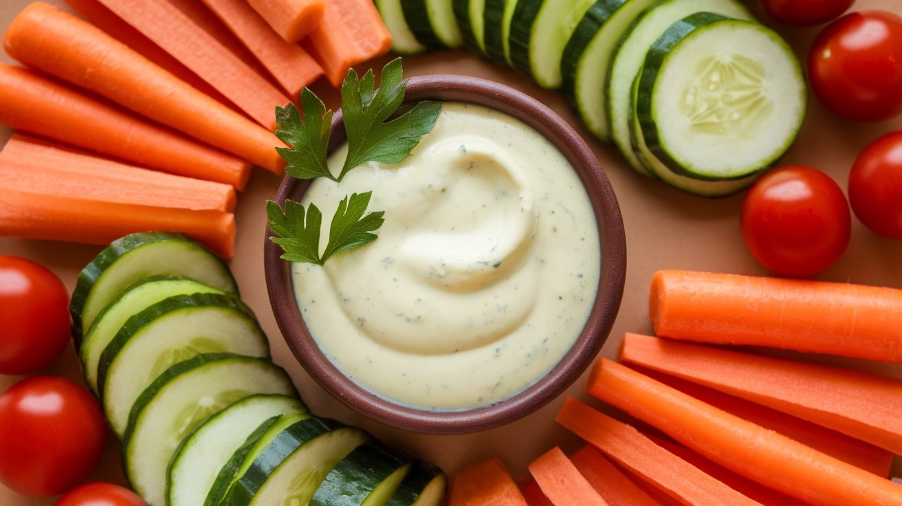 Creamy Avocado Oil Ranch Dressing Recipe Creamy avocado oil ranch dressing in a bowl with fresh vegetables for dipping.