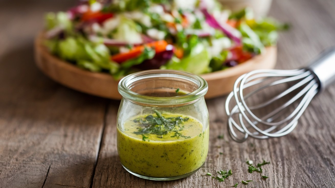 A jar of garlic herb vinaigrette with herbs beside a fresh salad on a wooden table.