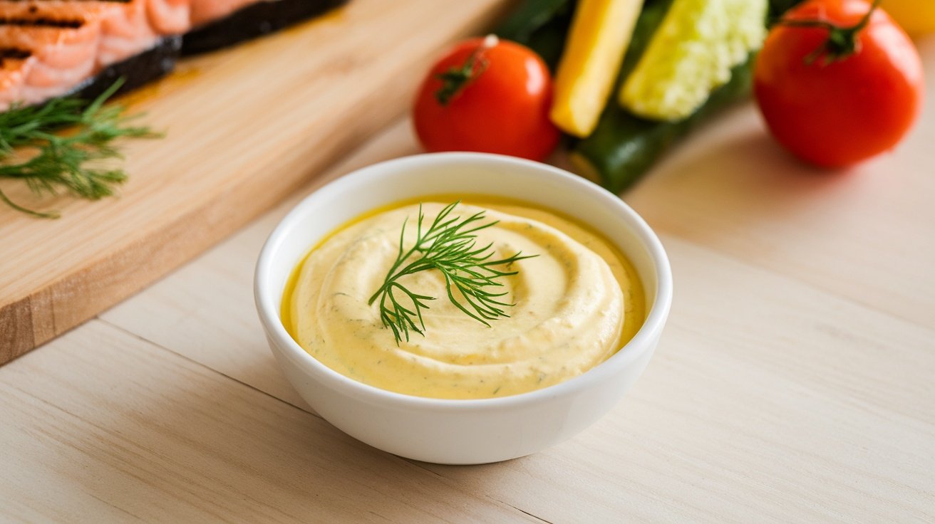 Creamy lemon dill sauce in a bowl with fresh dill, accompanied by grilled salmon and vegetables.