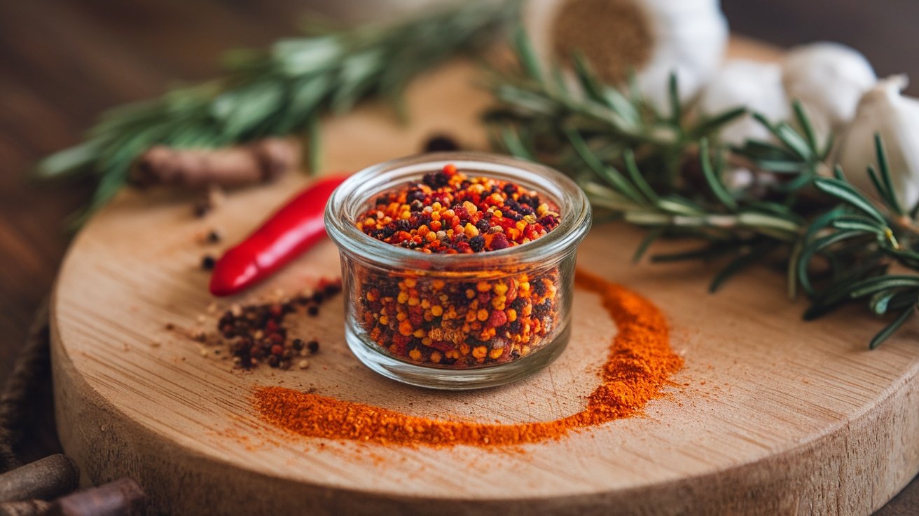 A jar of sweet and spicy chili rub with spices laid out on a wooden board.