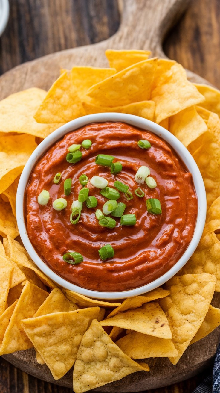 A creamy chickpea BBQ dip in a bowl, garnished with green onions, with tortilla chips around it on a rustic wooden board.