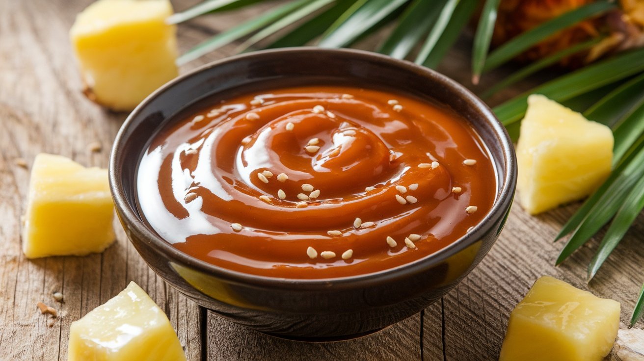 A bowl of shiny teriyaki glaze with pineapple, garnished with sesame seeds and fresh pineapple chunks, on a wooden table.
