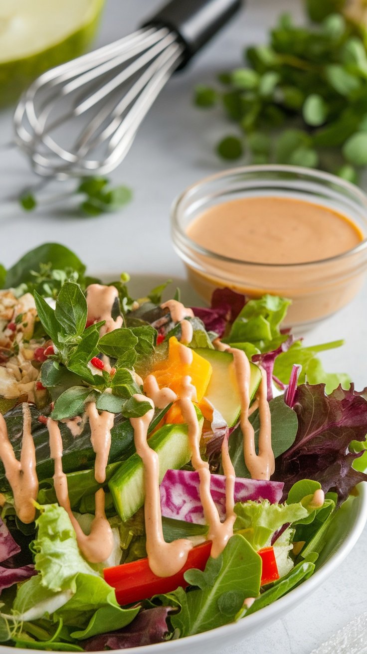 A fresh garden salad topped with creamy dressing, featuring greens, colorful veggies, and herbs, with a bowl of dressing on the side.