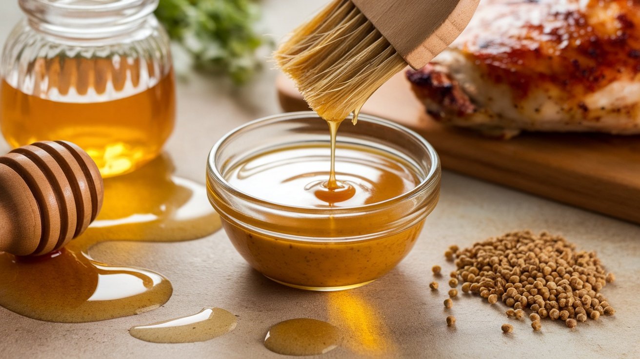Sweet and Tangy Mustard Honey Glaze Recipe Bowl of mustard honey glaze with grilled chicken in the background, honey and mustard seeds scattered around.