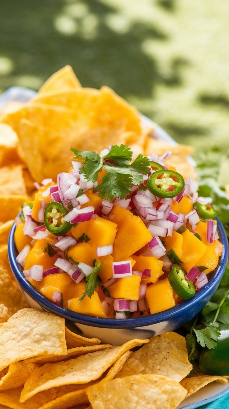 A colorful bowl of sweet and spicy mango salsa with tortilla chips on a sunny outdoor table.
