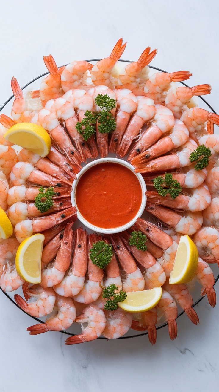 Chilled shrimp cocktail with vibrant sauce, garnished with lemon and parsley, on a white platter.