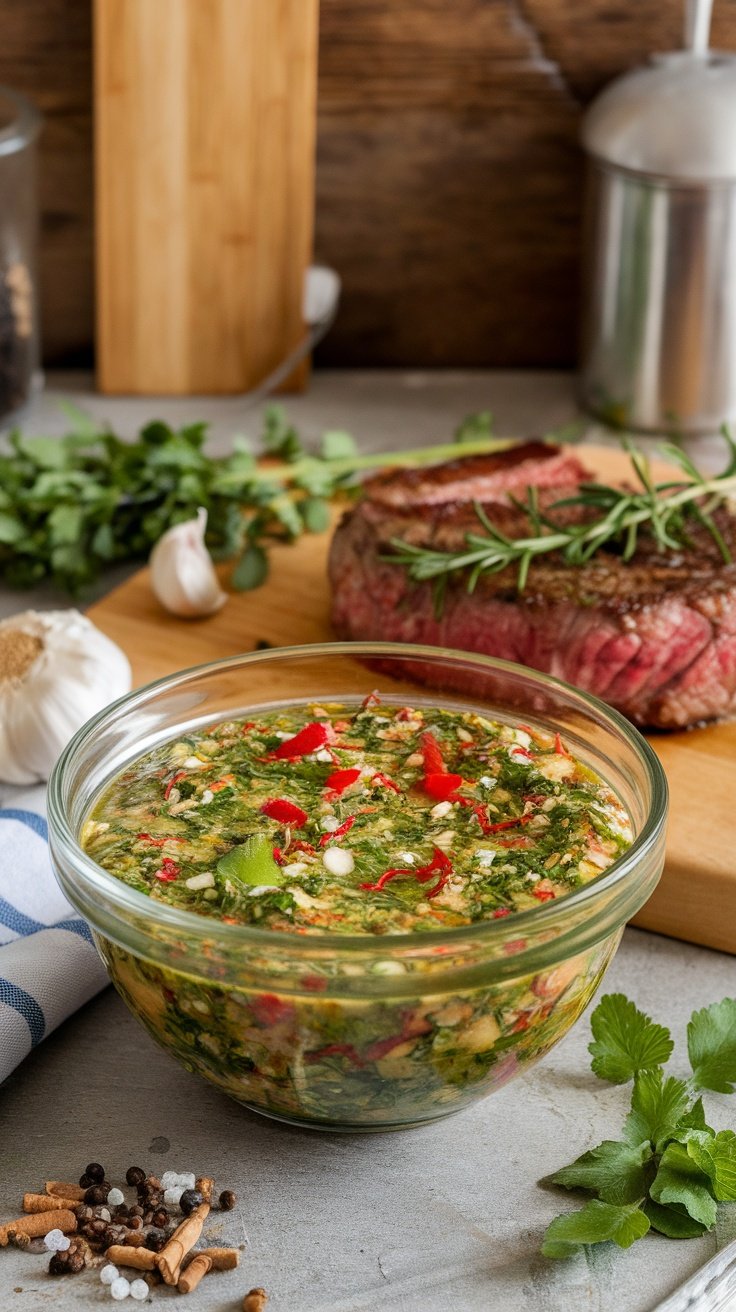 A bowl of chimichurri marinade with fresh herbs and spices