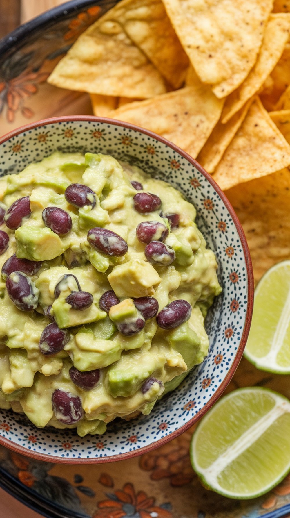 A bowl of avocado and black bean salsa served with tortilla chips
