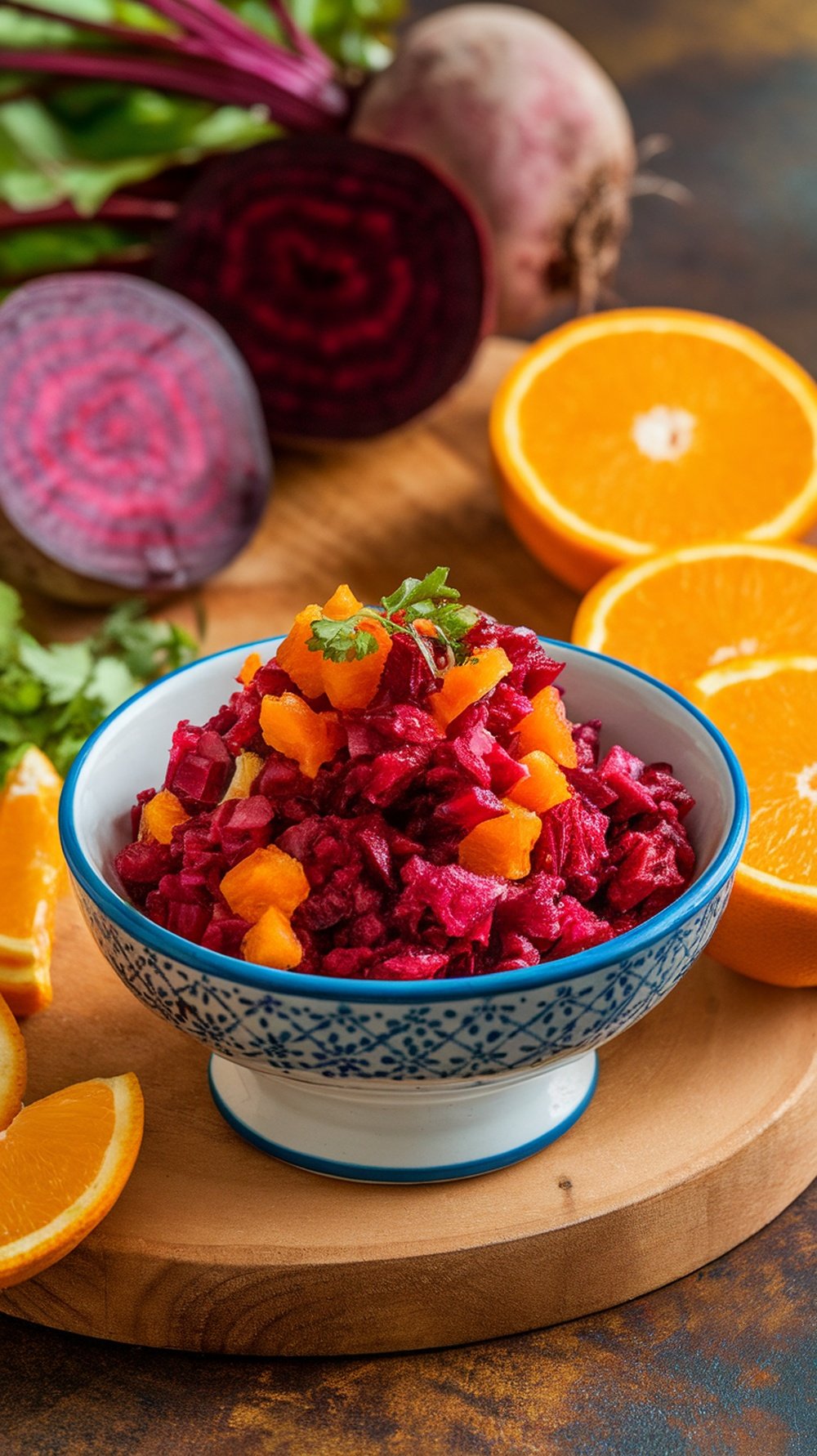 A bowl of beet and orange salsa topped with cilantro, surrounded by orange slices and fresh beets.