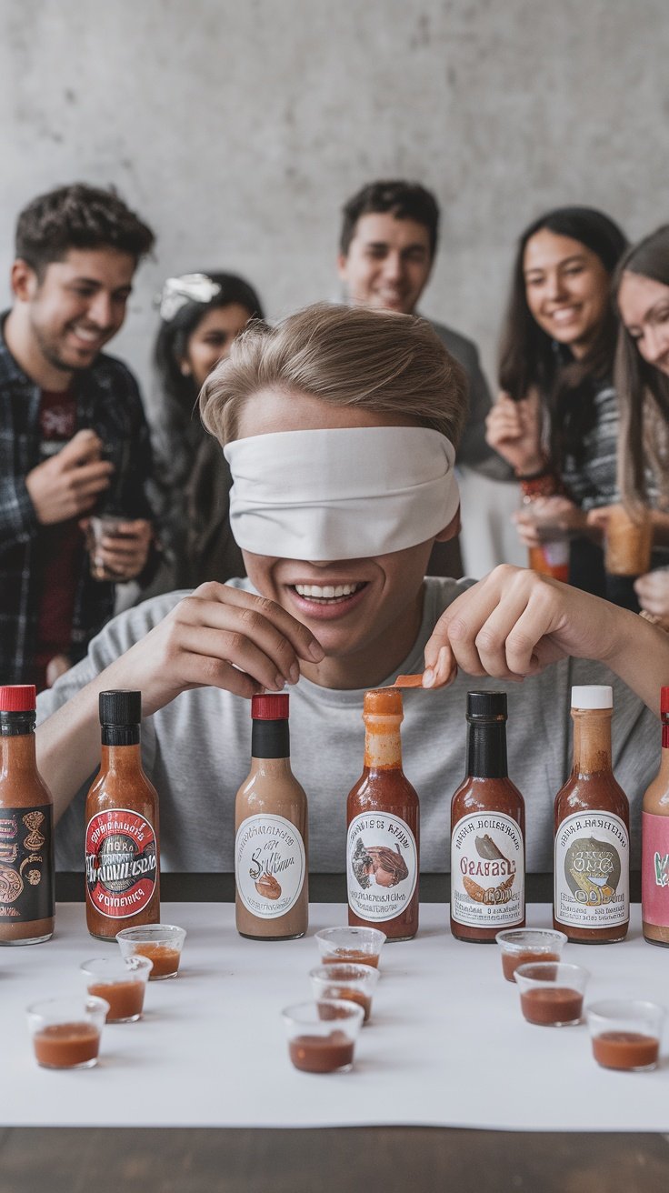 A group of friends participating in a blind taste test of various hot sauces.