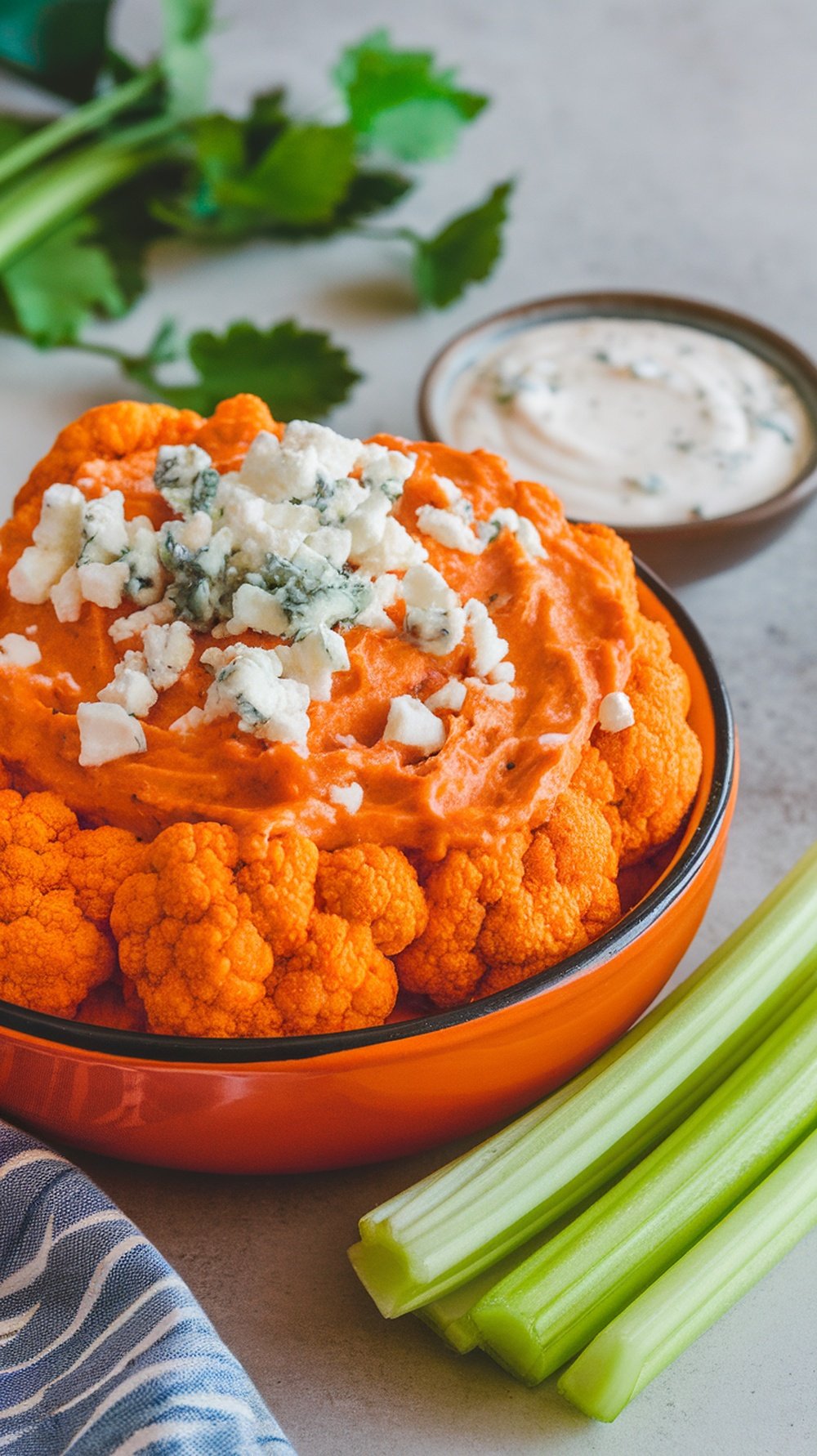 A bowl of buffalo cauliflower dip topped with blue cheese, surrounded by cauliflower and celery sticks.