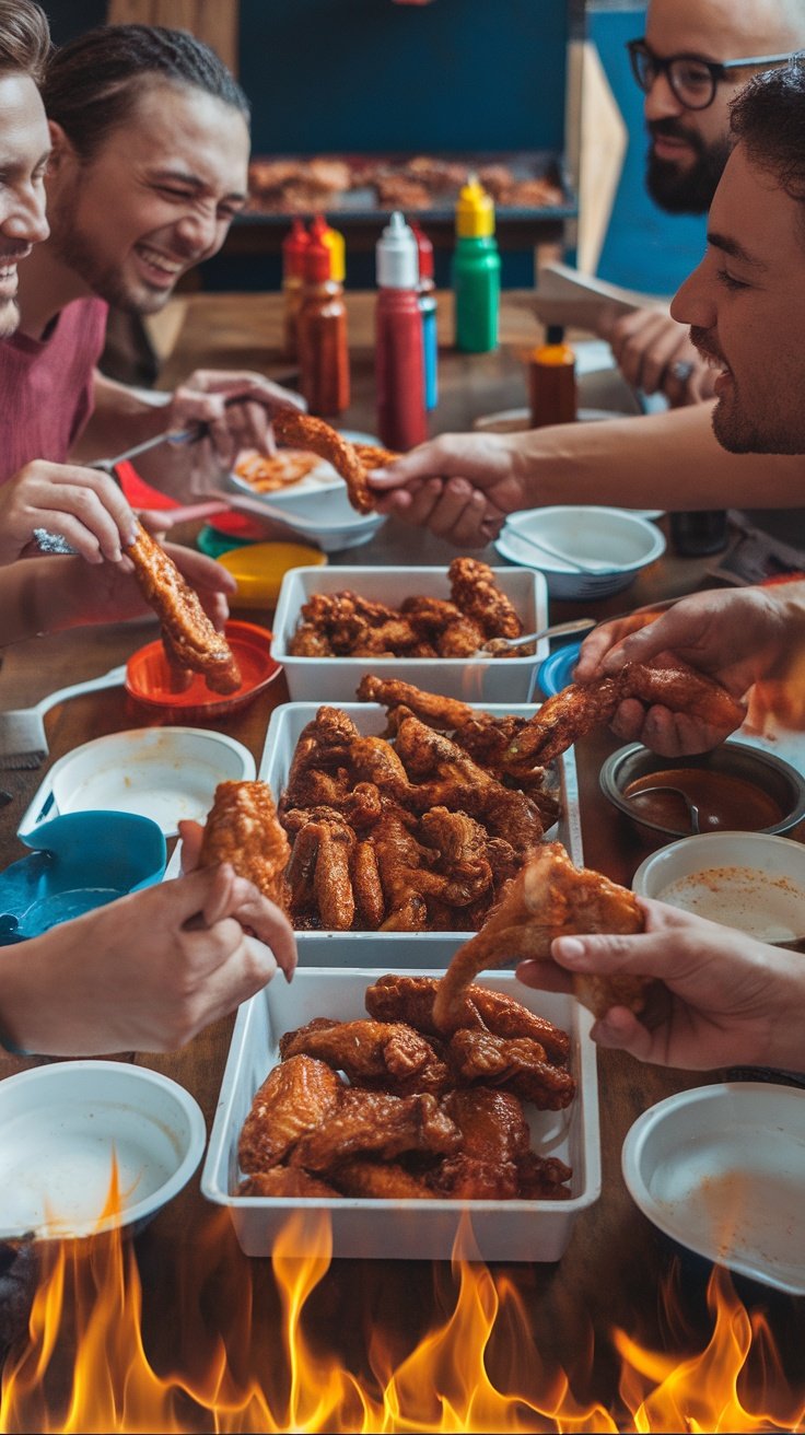 Friends participating in a Buffalo wing challenge, enjoying spicy wings together.