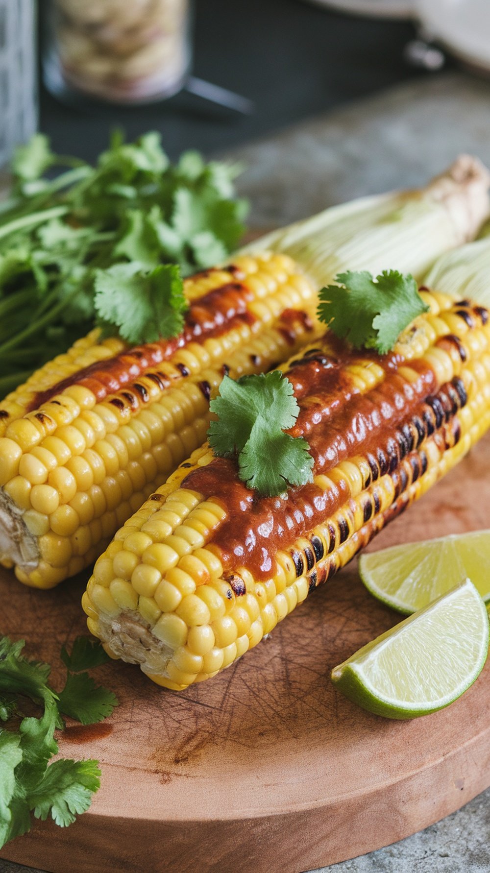 Grilled corn on the cob with a chipotle lime glaze, garnished with cilantro and lime wedges.