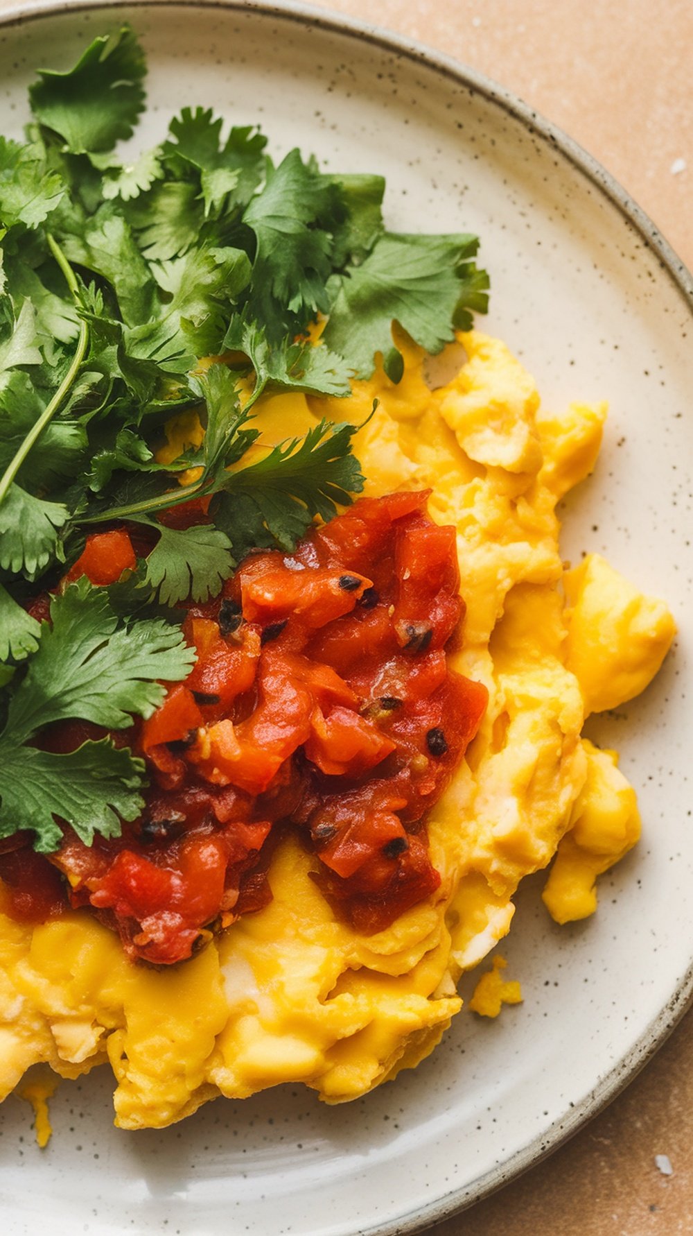 A plate of scrambled eggs topped with chipotle tomato salsa and garnished with fresh cilantro.