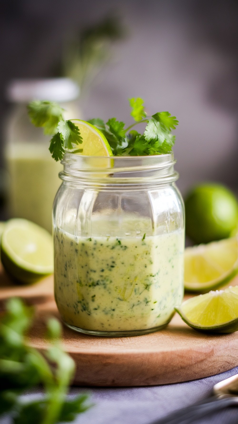 A jar of creamy cilantro lime dressing garnished with lime and cilantro.
