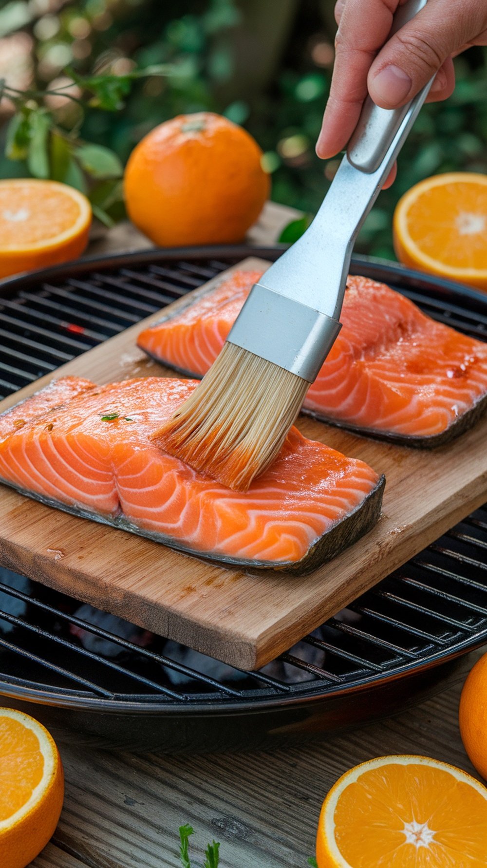 A hand applying citrus teriyaki glaze to salmon fillets on a grill with oranges in the background.
