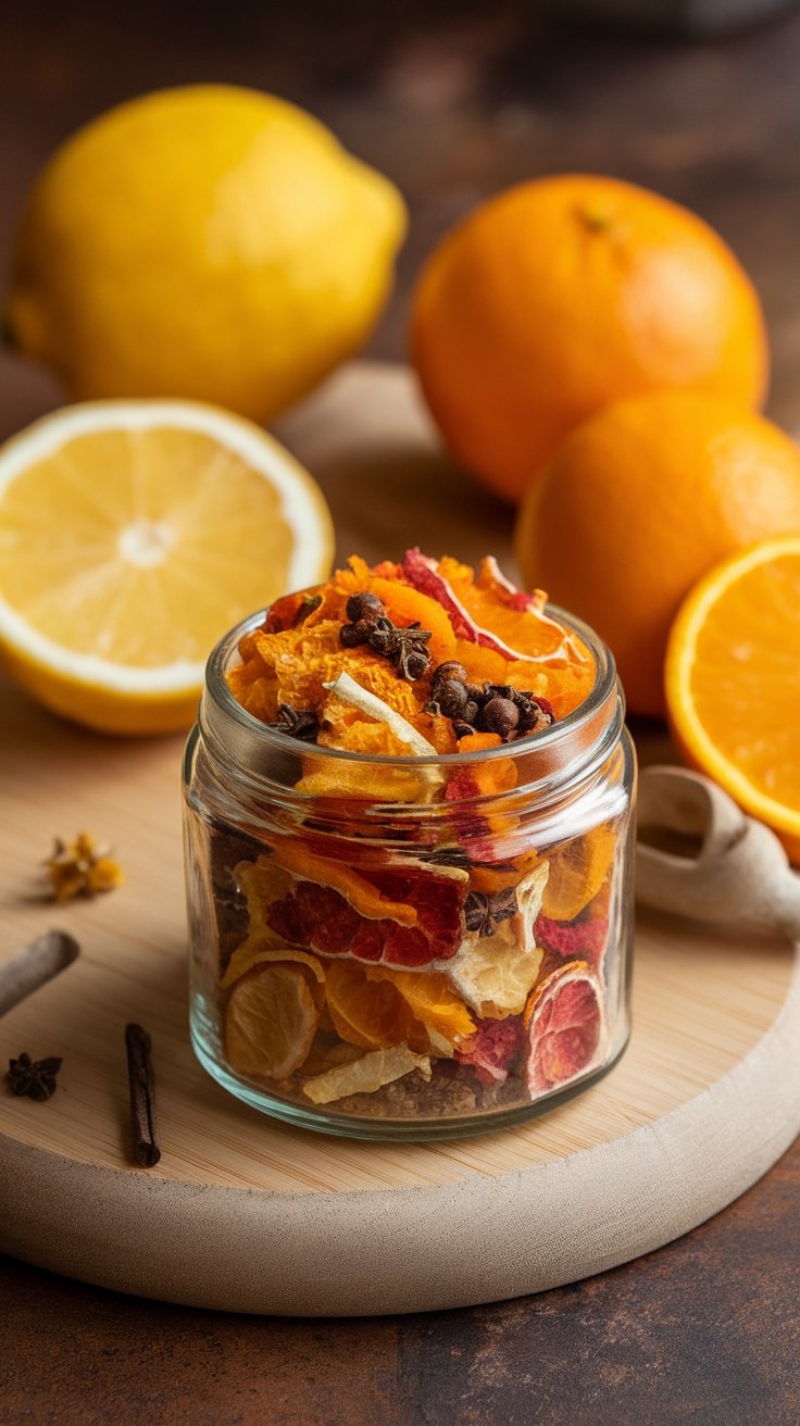 A jar filled with colorful dried citrus peels and spices, surrounded by fresh lemons and oranges.