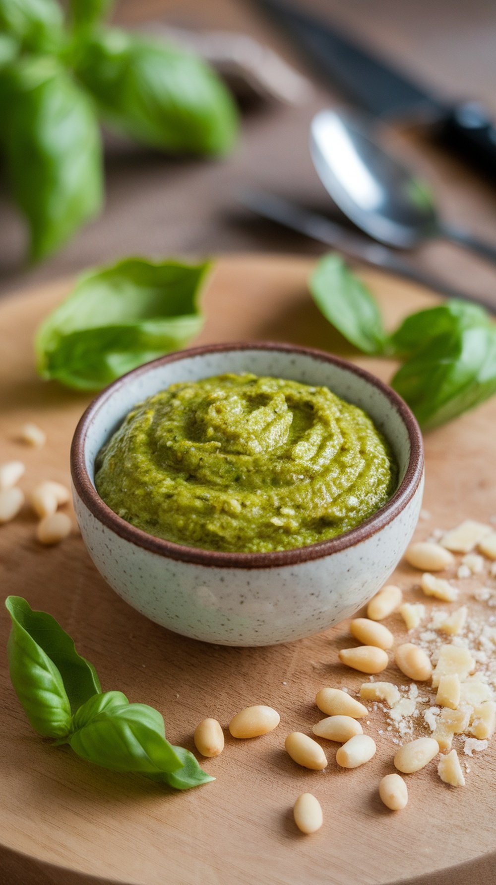 A bowl of classic basil pesto surrounded by fresh basil and pine nuts