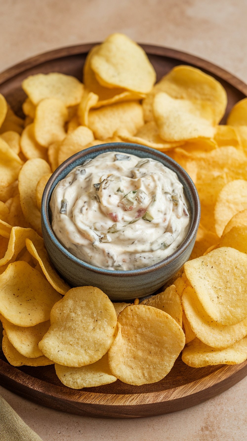 A creamy bowl of classic French onion dip surrounded by potato chips.