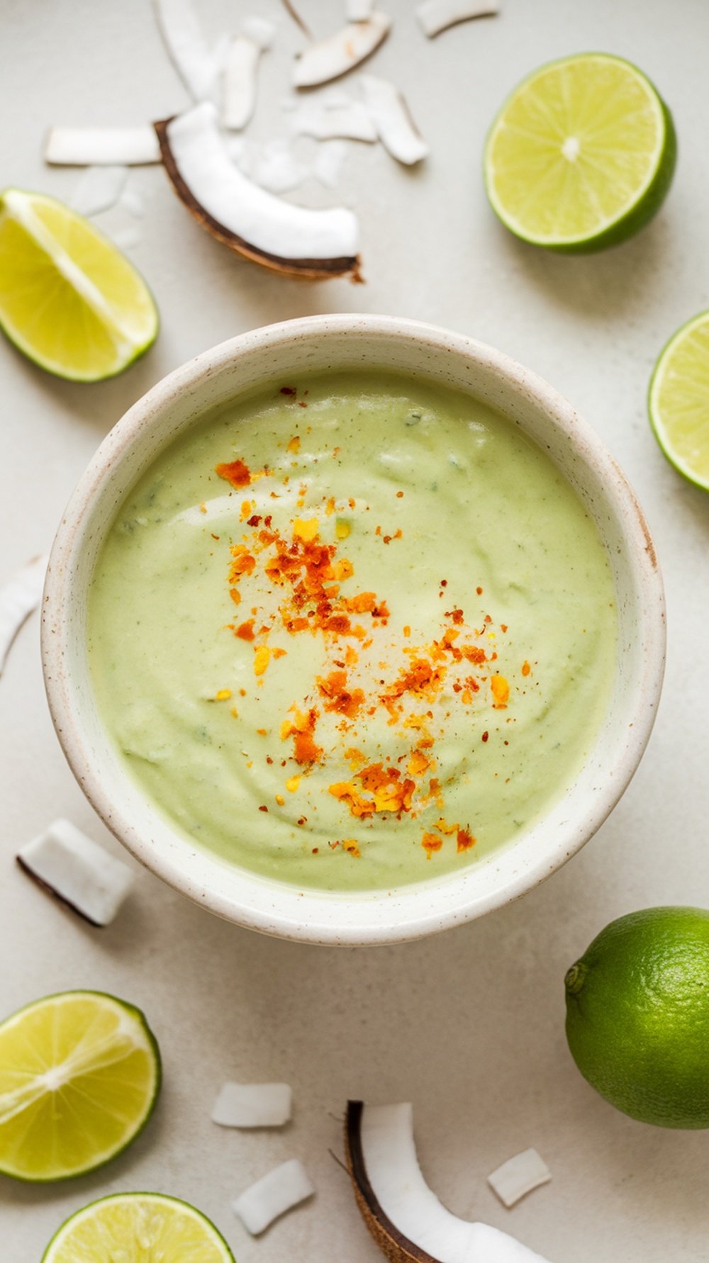 A bowl of coconut lime infused marinade surrounded by lime halves and coconut pieces.