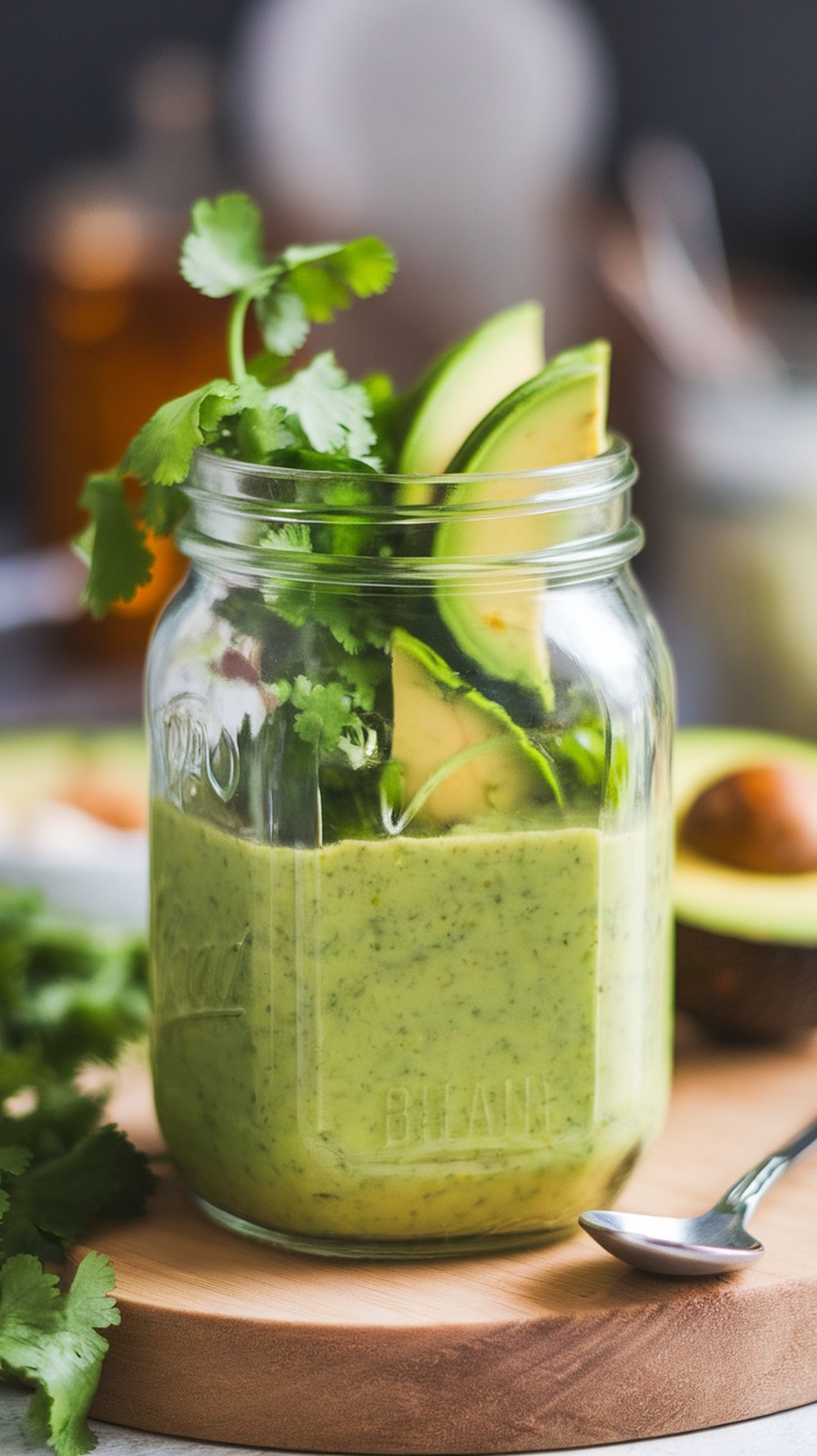 Creamy avocado cilantro dressing in a jar with cilantro and avocado slices.