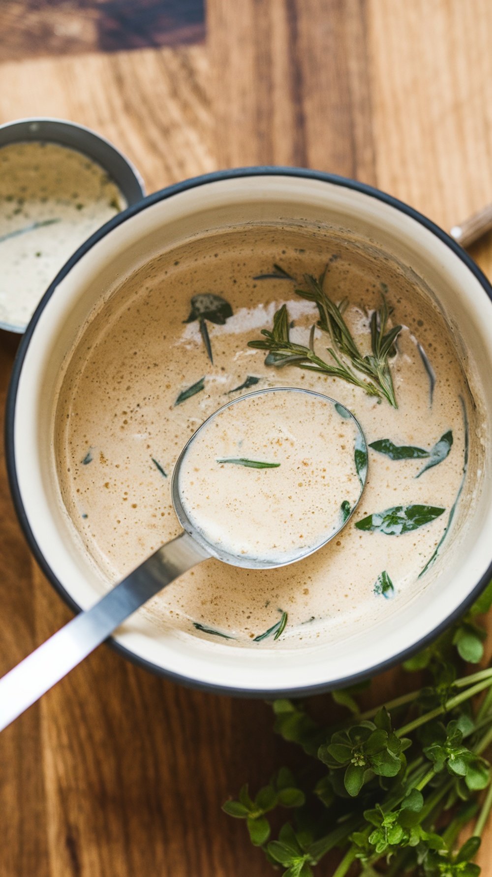 A creamy buttermilk herb marinade in a bowl with a spoon.