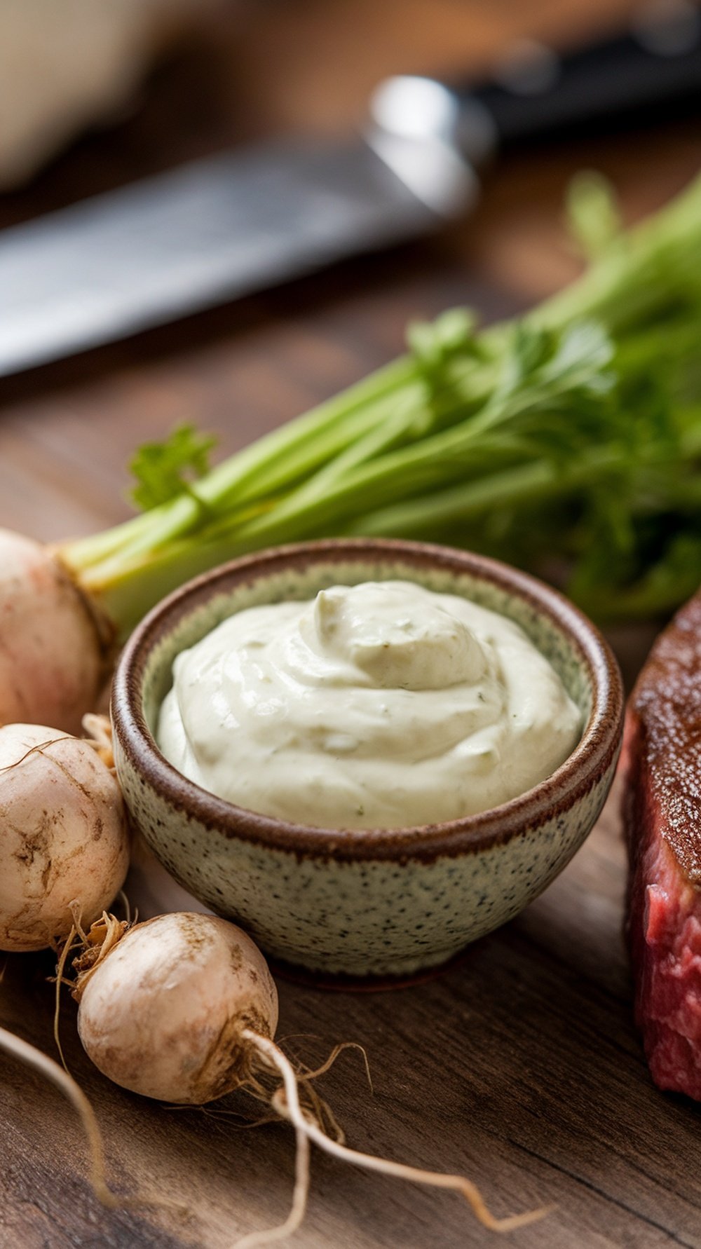 A bowl of creamy horseradish sauce with fresh ingredients around it.
