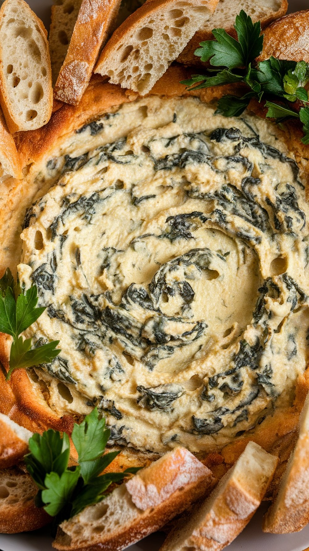 A creamy spinach artichoke dip served with slices of bread on the side, garnished with parsley.