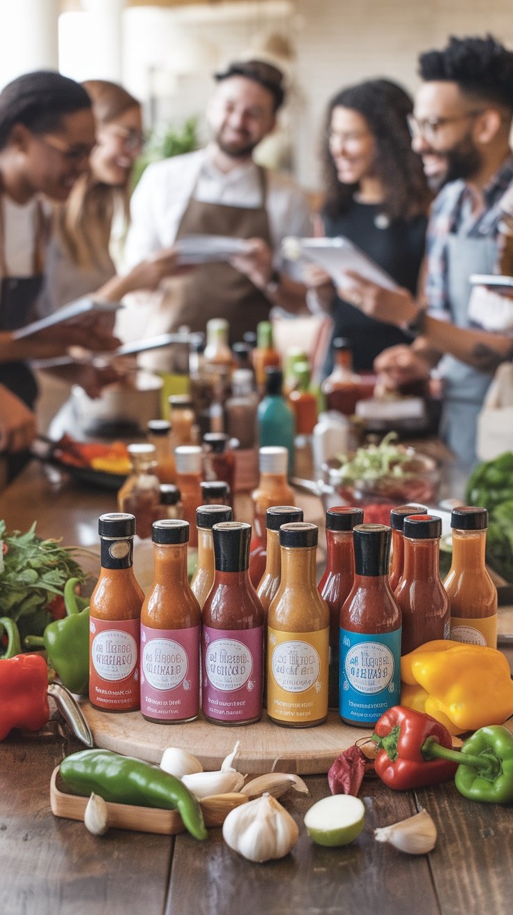 A group of friends enjoying a hot sauce making challenge with various ingredients and sauces on a table.