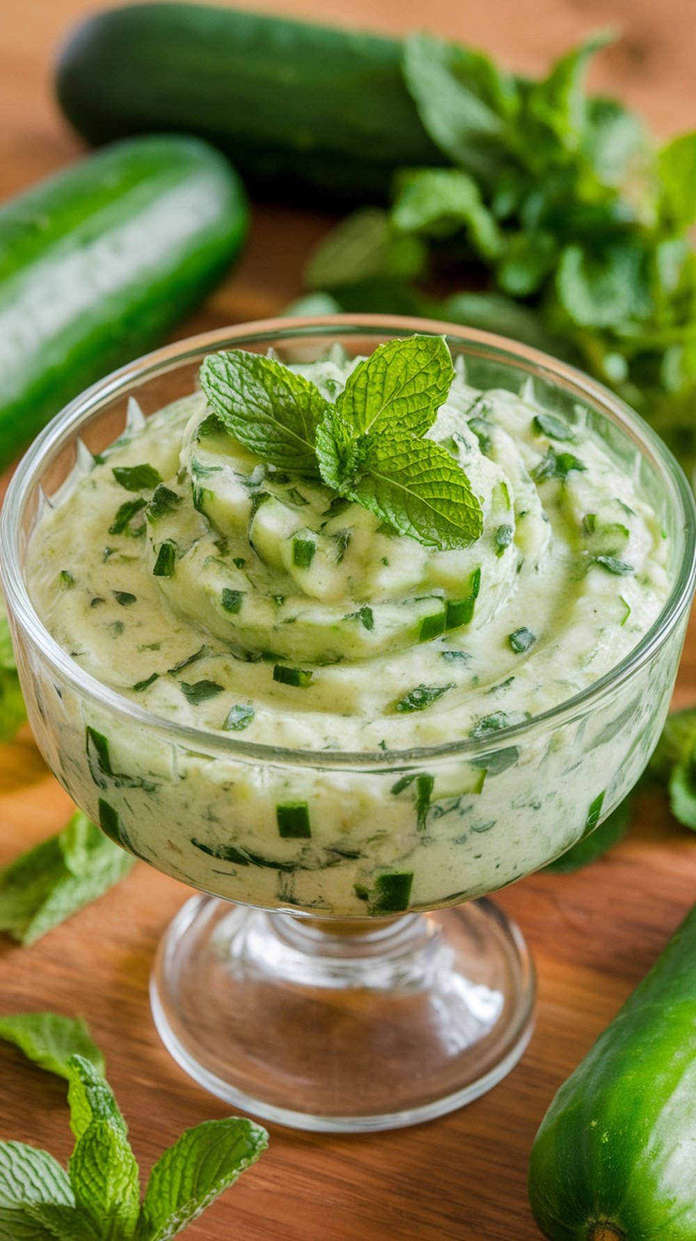 A bowl of refreshing cucumber and mint salsa garnished with mint leaves.