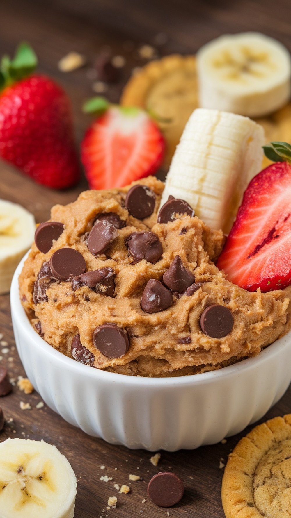 A bowl of chocolate chip cookie dough dip with strawberries and bananas beside it, surrounded by cookies.