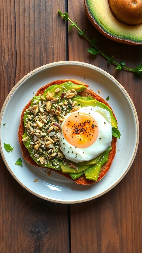 Avocado toast topped with a poached egg and Everything Bagel seasoning on a wooden table.