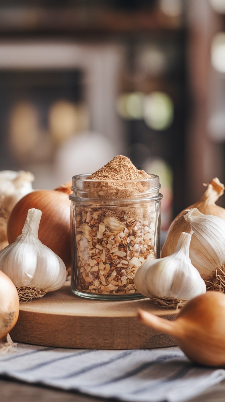 A jar filled with garlic and onion seasoning blend beside whole garlic and onion on a wooden board.