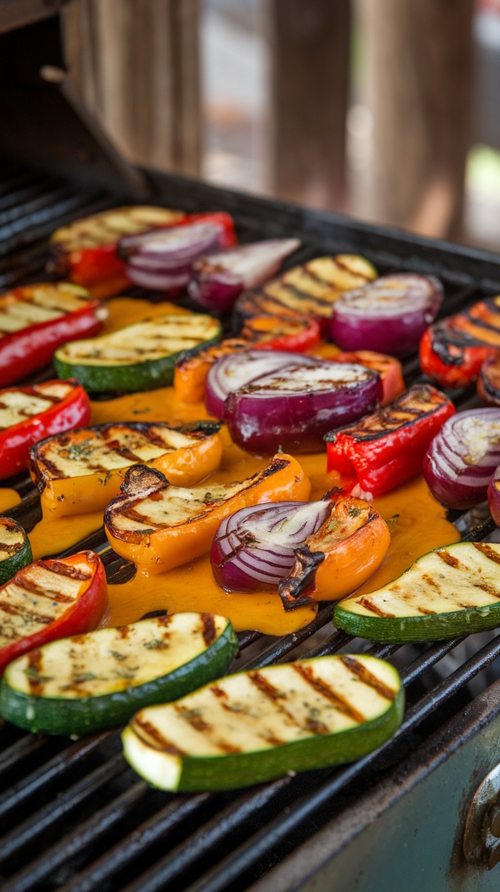 Grilled vegetables glazed with garlic herb butter on a barbecue grill.