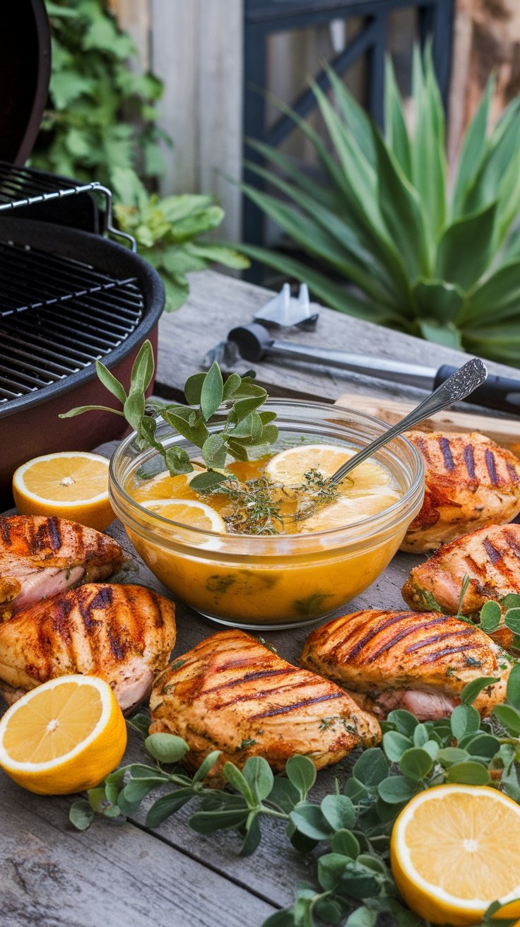 A bowl of Greek Lemon-Oregano Marinade with grilled chicken pieces and fresh lemon slices.