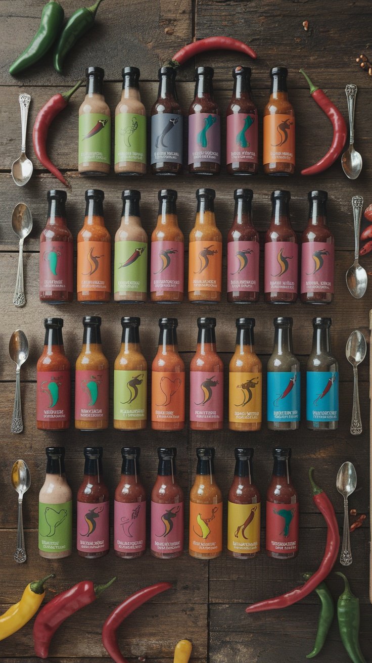 Various hot sauce bottles arranged on a wooden surface with chilies around them